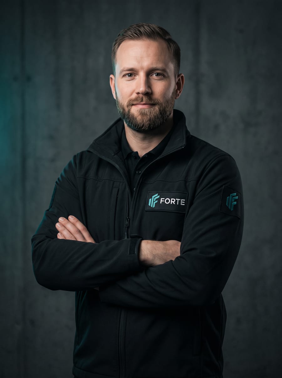 Sicherheitsmitarbeiter in dunkler Uniform mit verschränkten Armen