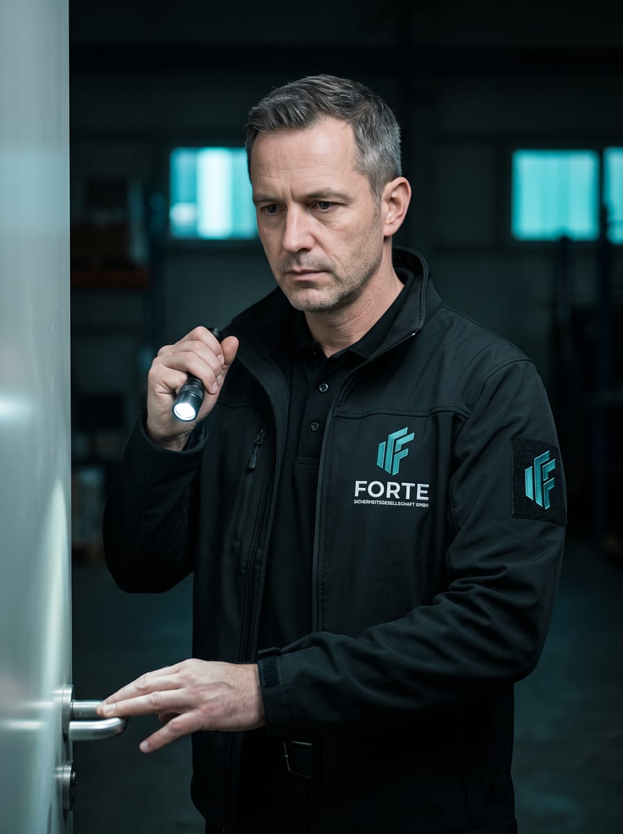 FORTE-Mitarbeiter kontrolliert bei einem Rundgang nachts eine Tür auf einem Industriegelände