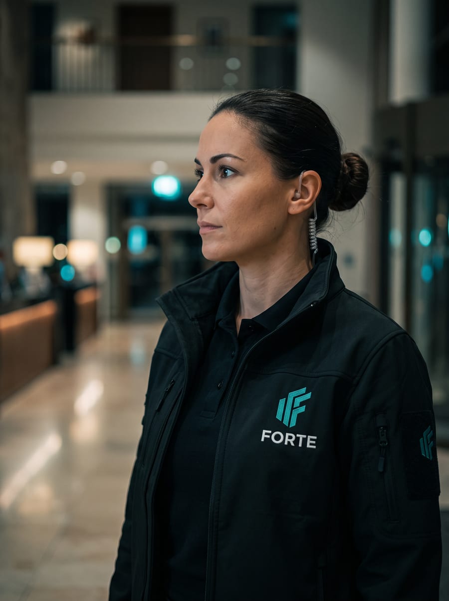 FORTE-Mitarbeiterin im Personenschutz beobachtet im Profil ihre Umgebung